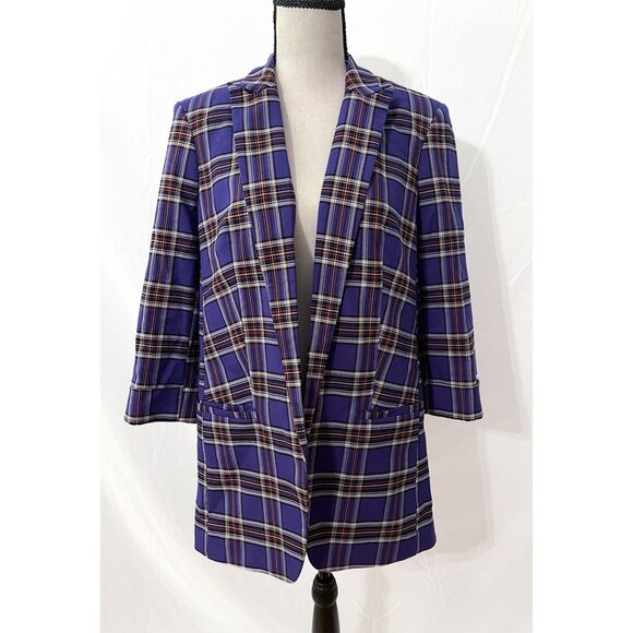 Express Oversized Open Blazer | Purple Plaid Size M, 3/4 Sleeve - Picture 1 of 8
